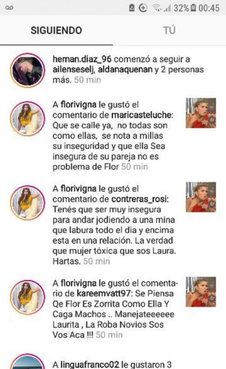 Los explosivos "me gusta" de Flor Vigna contra Laurita Fernández: "¡La roba novios sos vos acá!"