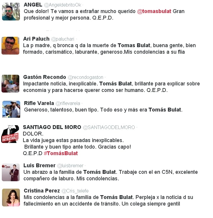 Los famosos expresaron su dolor en Twitter tras la muerte de Tomás Bulat (Foto: Twitter)