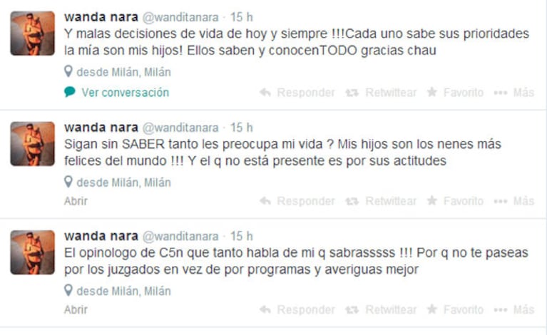 Los furiosos tweets de Wanda Nara por las críticas a Mauro (Fotos: Captura). 