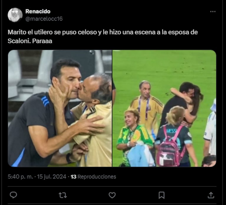 Los mejores memes de los mimos de Lionel Scaloni y su esposa tras la consagración de Argentina