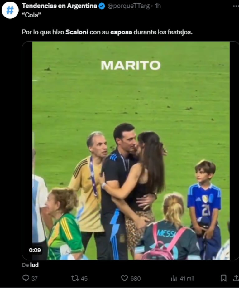 Los mejores memes de los mimos de Lionel Scaloni y su esposa tras la consagración de Argentina