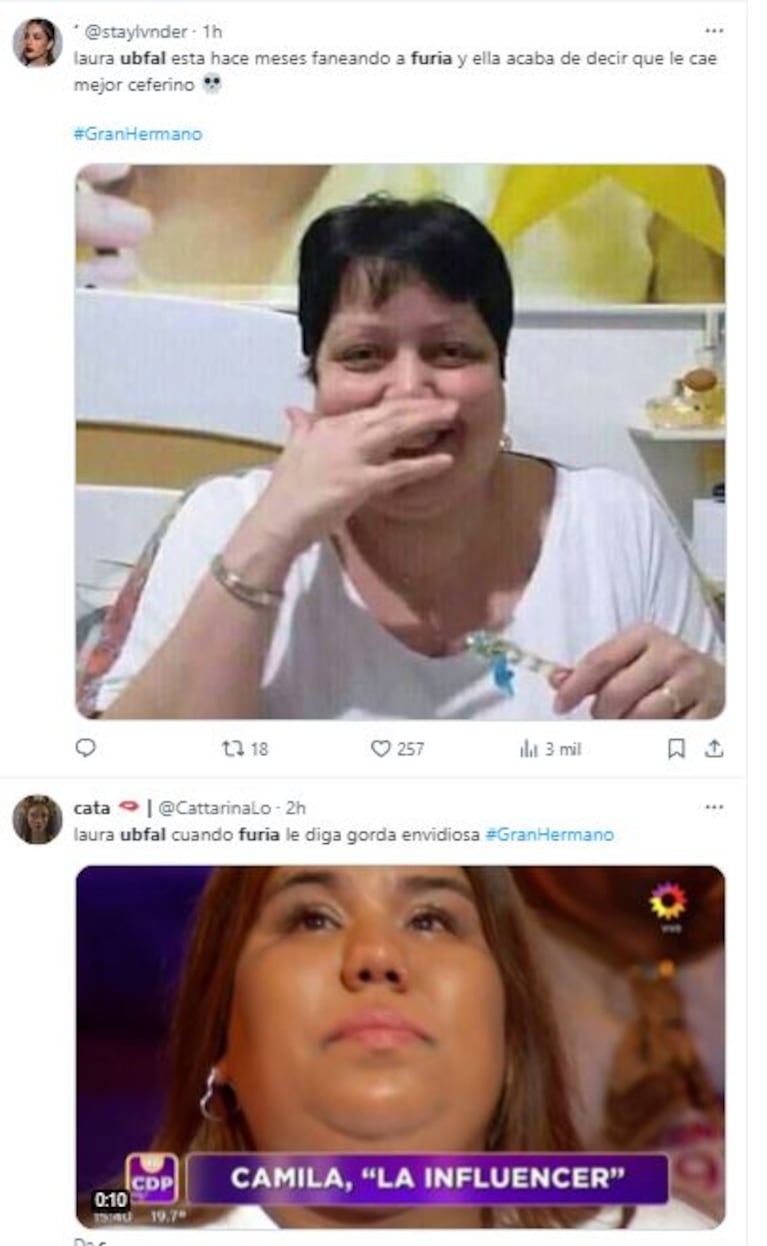 Los memes que generó la reacción de Furia tras la visita de Laura Ubfal y Ceferino Reato a la casa de Gran Hermano (Foto: Twitter / X)