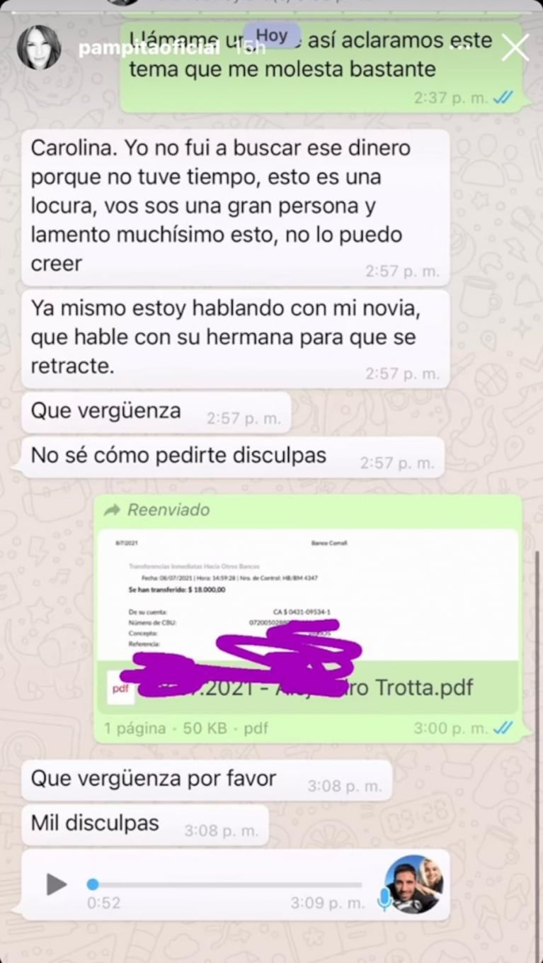 Los picantes chats de Pampita con el comerciante que la acusó de no pagar sus servicios: "Fue por negligencia tuya"