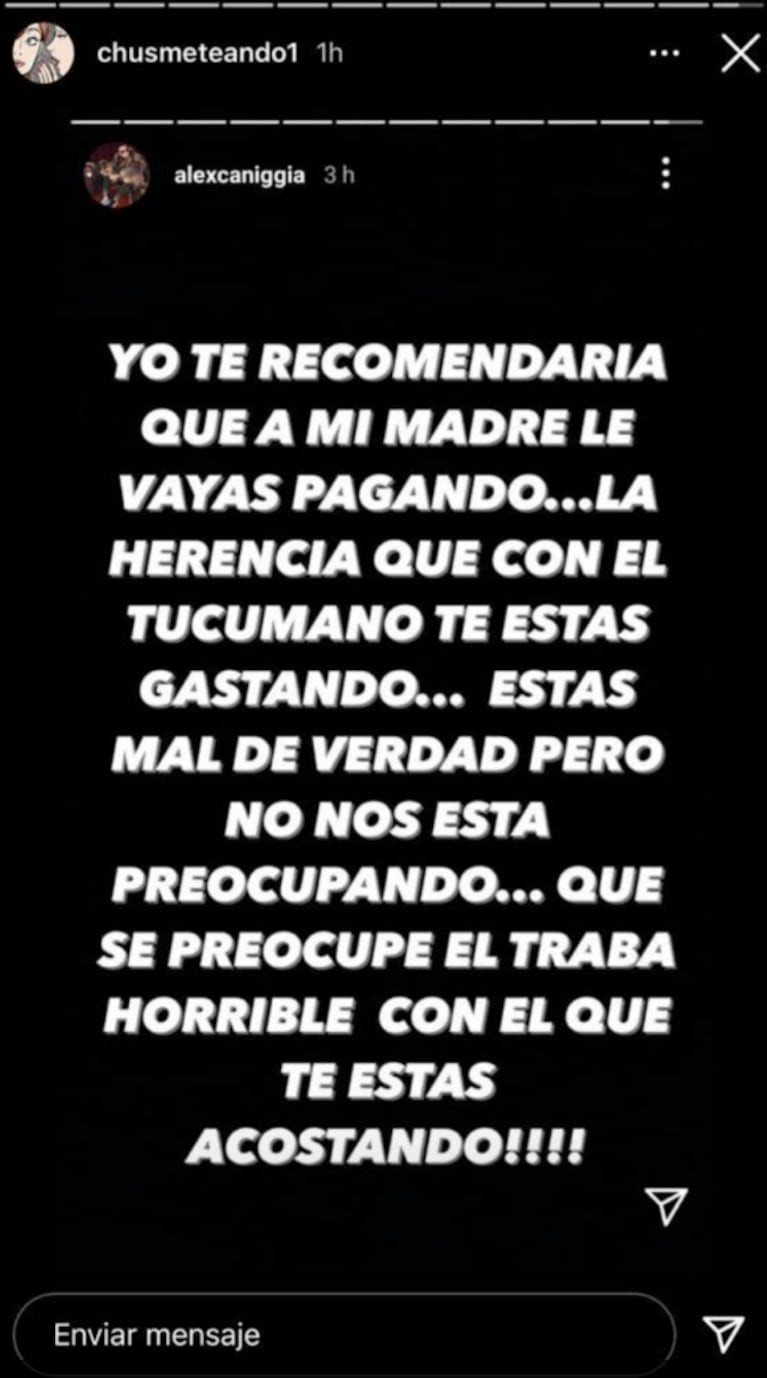 Los polémicos mensajes de Alex Caniggia en contra de su papá y su novia: "Cada día más viejo, estás mal"