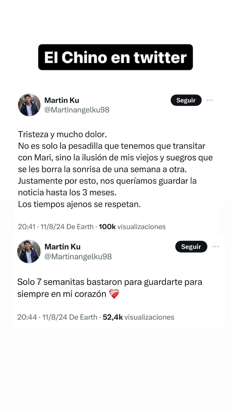 Los posteos de Martín Ku sobre la pérdida del embarazo de Marisol (Foto: Twitter/ X)