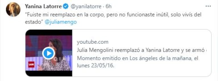 Los tremendos tweets de Yanina Latorre a Julia Mengolini (Foto: Twitter / X)