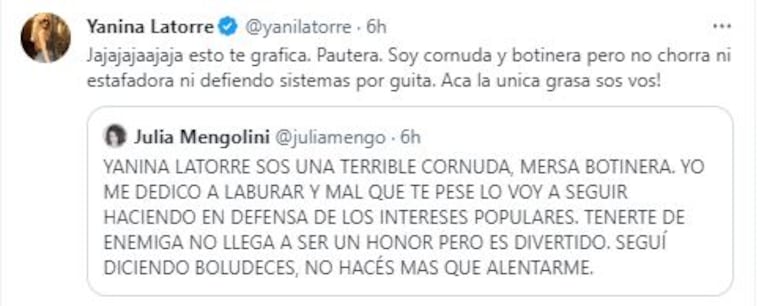 Los tremendos tweets de Yanina Latorre a Julia Mengolini (Foto: Twitter / X)