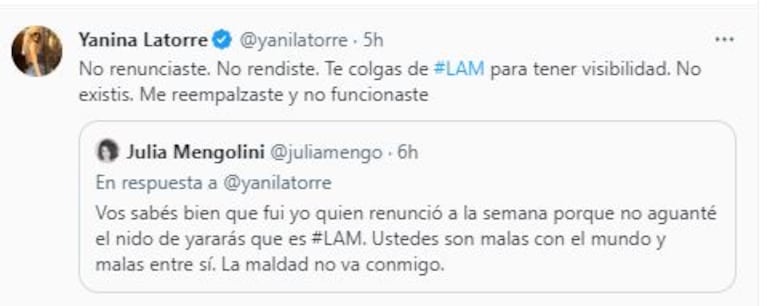 Los tremendos tweets de Yanina Latorre a Julia Mengolini (Foto: Twitter / X)