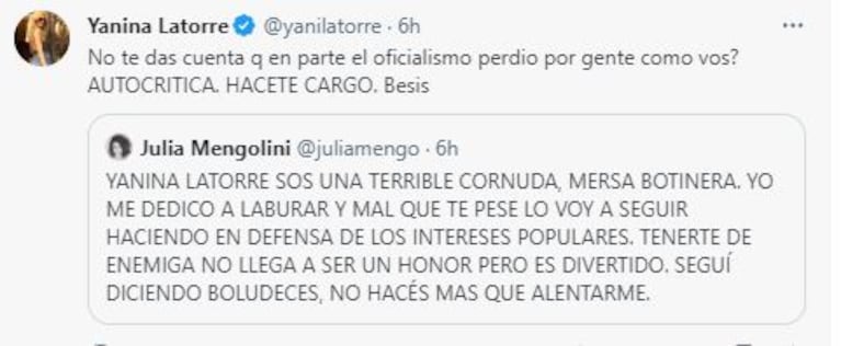 Los tremendos tweets de Yanina Latorre a Julia Mengolini (Foto: Twitter / X)