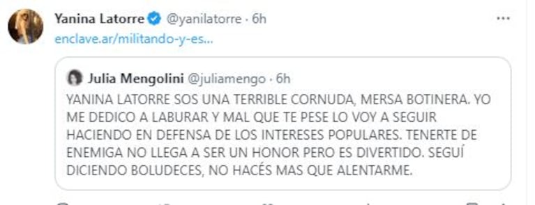 Los tremendos tweets de Yanina Latorre a Julia Mengolini (Foto: Twitter / X)