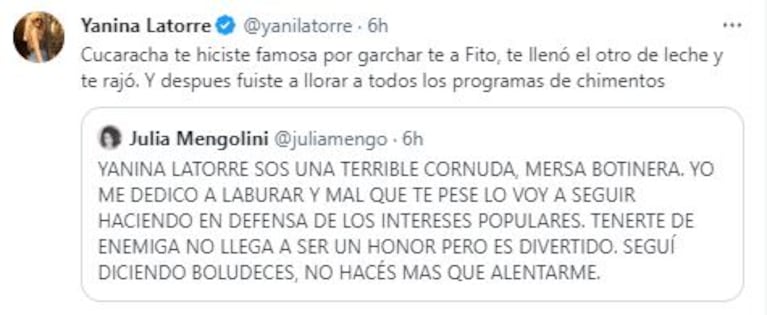 Los tremendos tweets de Yanina Latorre a Julia Mengolini (Foto: Twitter / X)