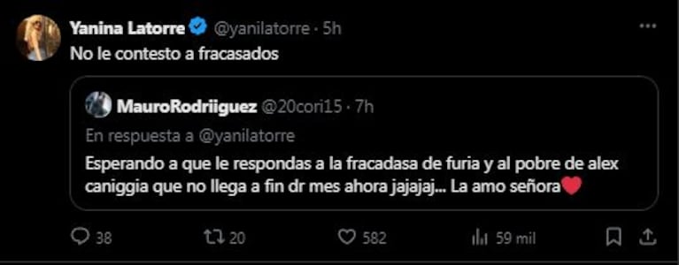 Los tweets de Yanina Latorre en respuesta a Alex Caniggia (Foto: Twitter / X)