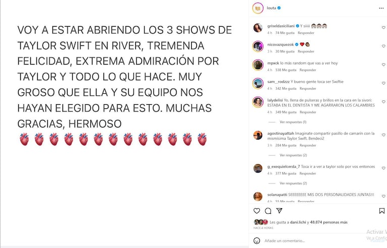 Louta abrirá los shows de Taylor Swift en River