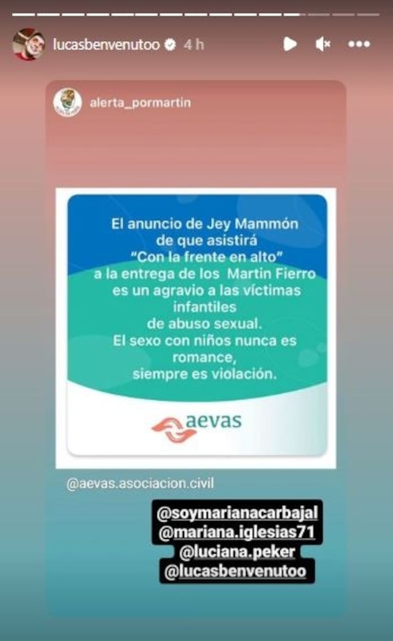 Lucas Benvenuto arremetió contra Jey Mammon por su decisión de ir a los Martín Fierro: "Abran los ojos" 