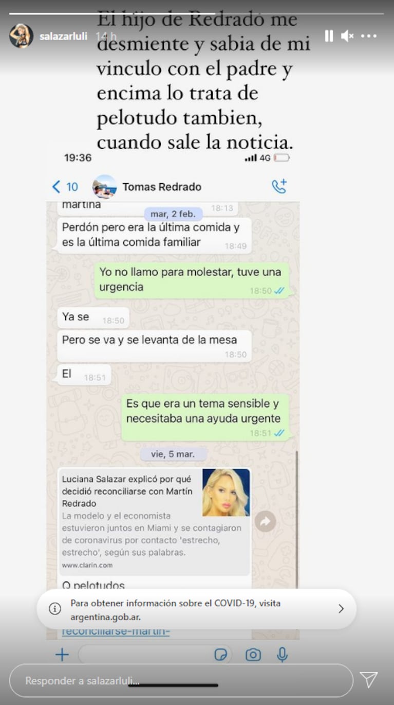 Luciana Salazar salió al cruce del hijo de Martín Redrado y filtró un polémico chat: "Trata de pelotu… al padre"