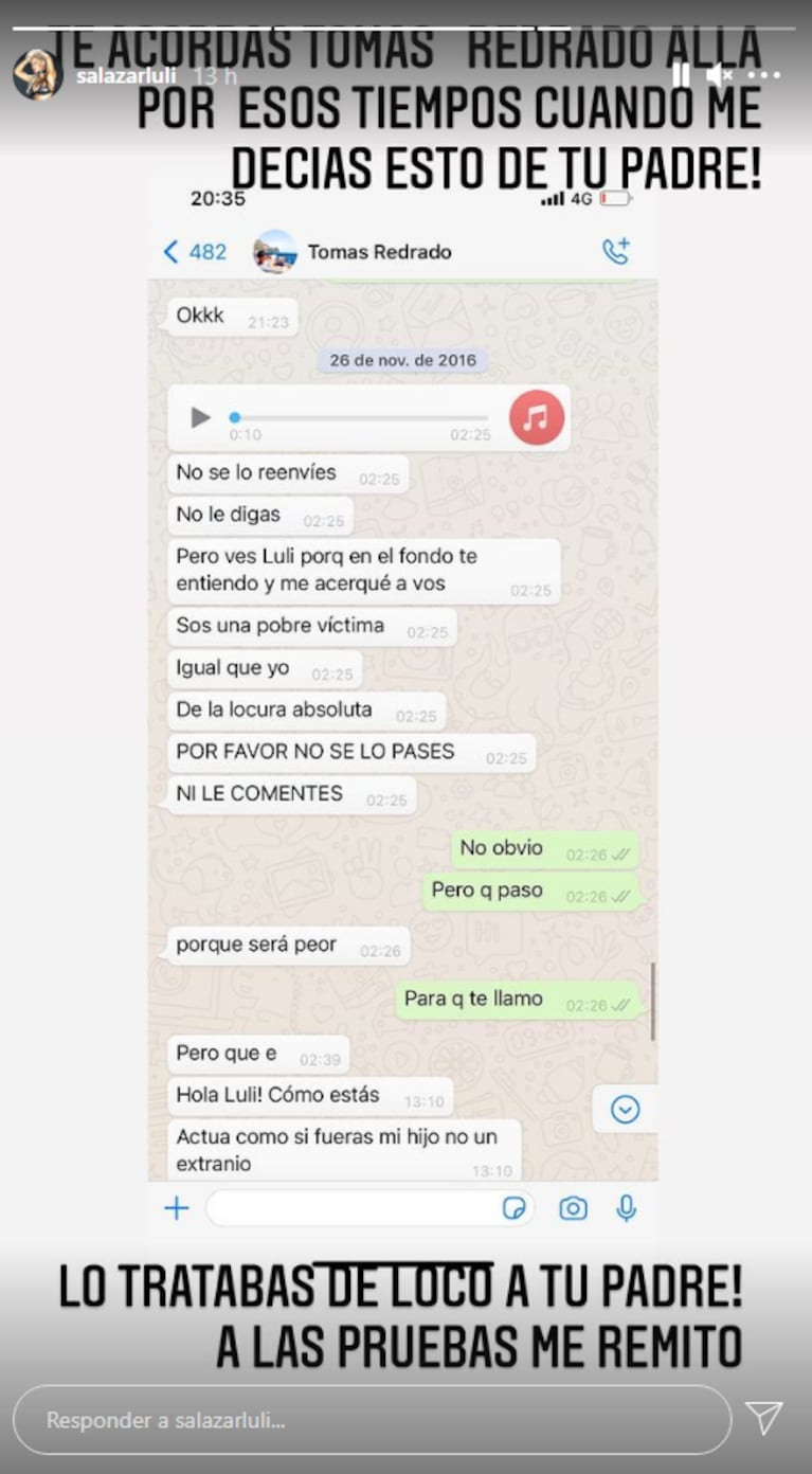 Luciana Salazar salió al cruce del hijo de Martín Redrado y filtró un polémico chat: "Trata de pelotu… al padre"