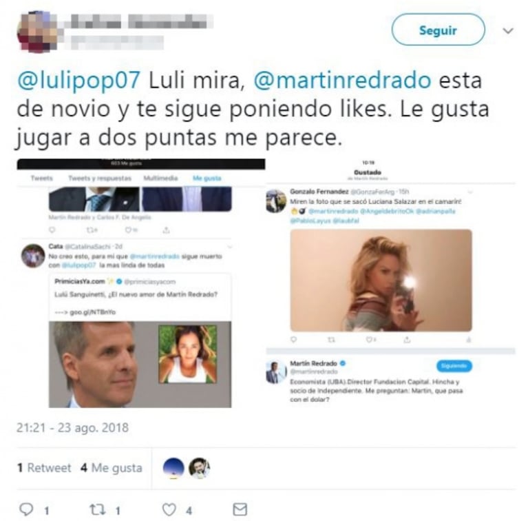 Luciana Salazar y una furiosa reacción tras dos jugados "me gusta" de Martín Redrado: "Es muy enfermo"