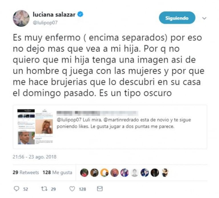 Luciana Salazar y una furiosa reacción tras dos jugados "me gusta" de Martín Redrado: "Es muy enfermo"