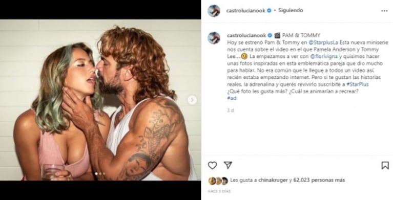 Luciano Castro generó una catarata de memes con un posteo junto a Flor Vigna: "Empezó su marianomartinización"