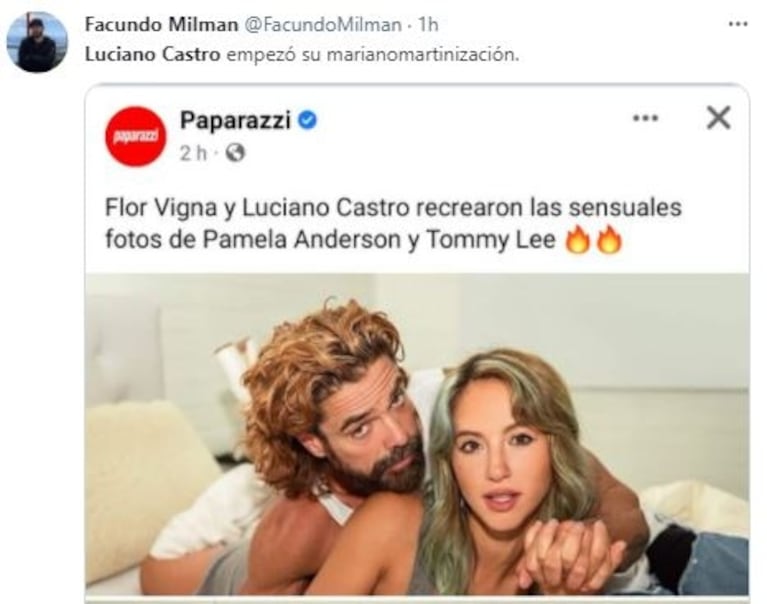 Luciano Castro generó una catarata de memes con un posteo junto a Flor Vigna: "Empezó su marianomartinización"