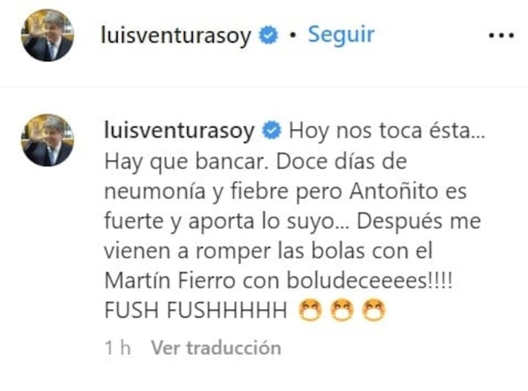 Luis Ventura contó que debieron internar a su hijo Antoñito: "Doce días de neumonía y fiebre pero él es fuerte" 