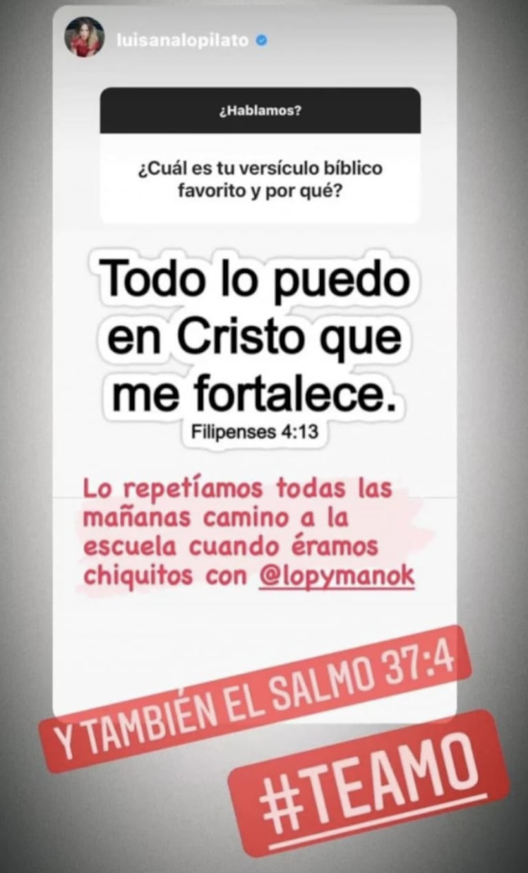 Luisana Lopilato habló de su profunda fe y compartió su versículo preferido de la Biblia: "Todo lo puedo en Cristo"