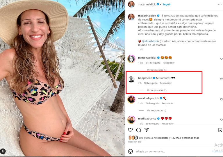 Macarena Rinaldi lució sus tres meses de embarazo en bikini y Fede Hoppe le dejó un tierno comentario