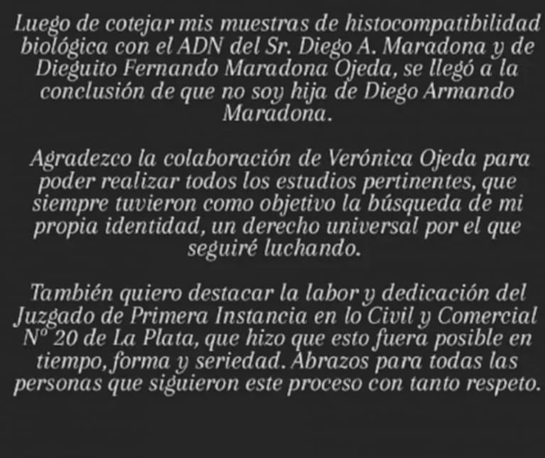 Magali Gil habló tras el resultado negativo de su ADN con Diego Maradona: le agradeció a Verónica Ojeda