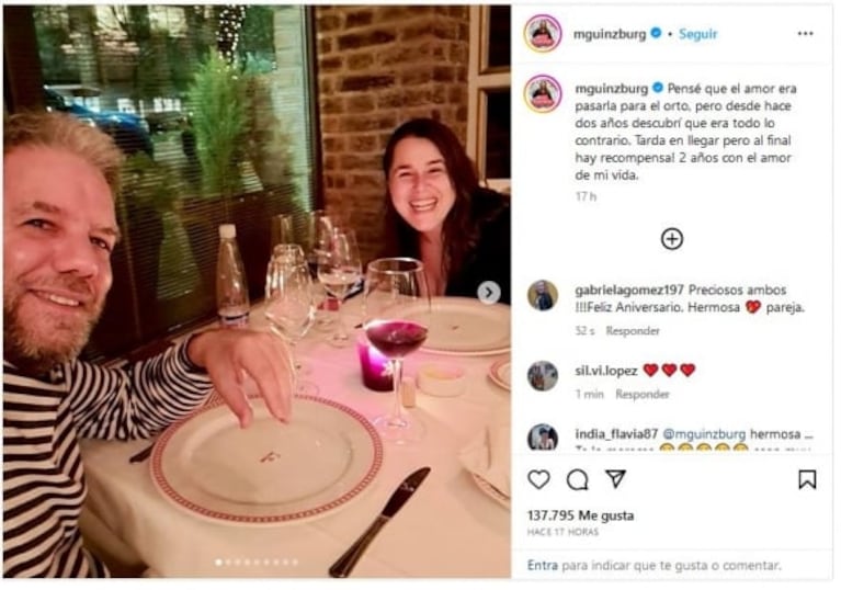 Malena Guinzburg celebró dos años con su novio y lo mostró en redes con un emotivo mensaje