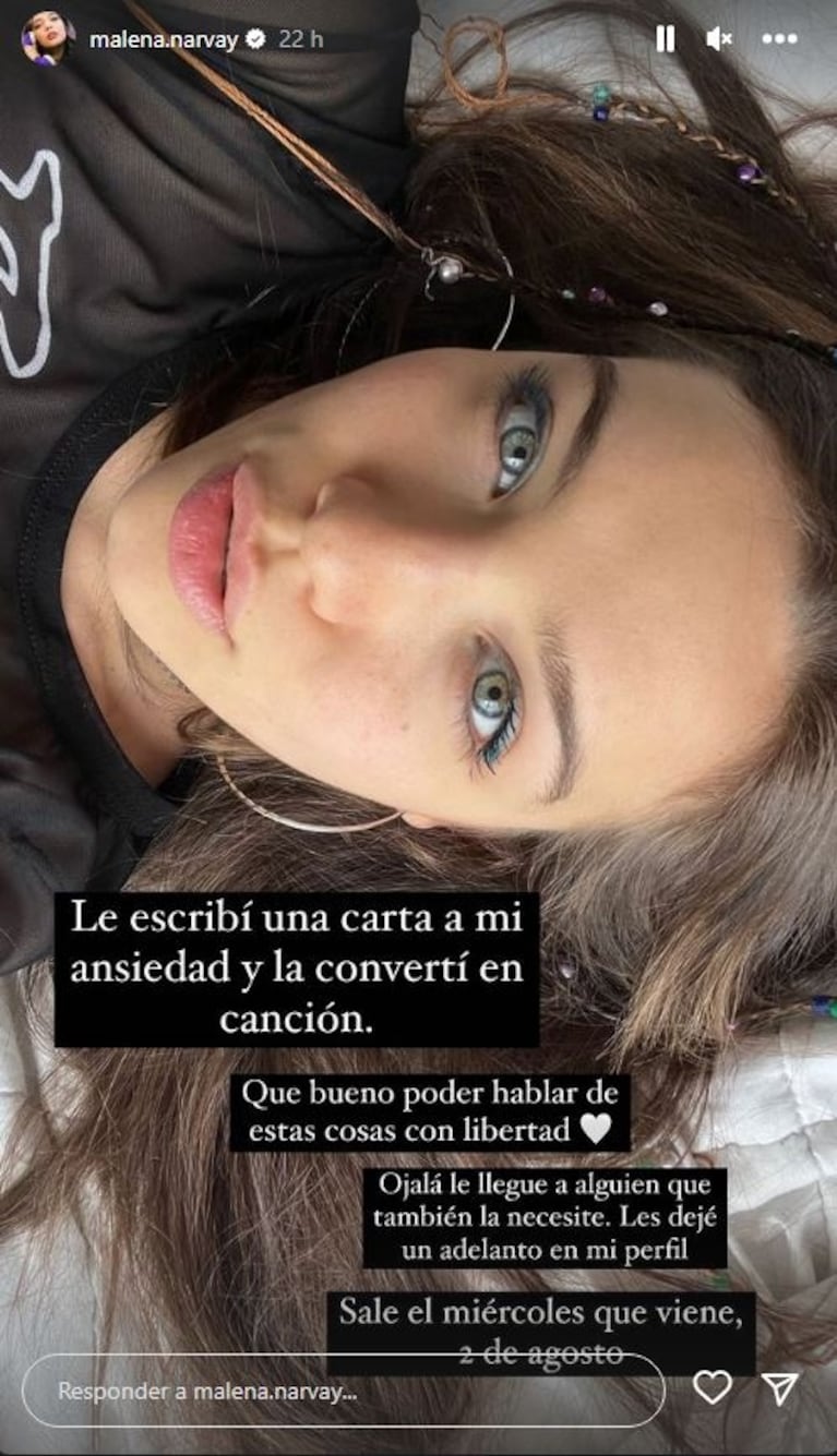 Malena Narvay anunció que lanzará un tema dedicado a su ansiedad: "Qué bueno poder hablar de estas cosas con libertad"