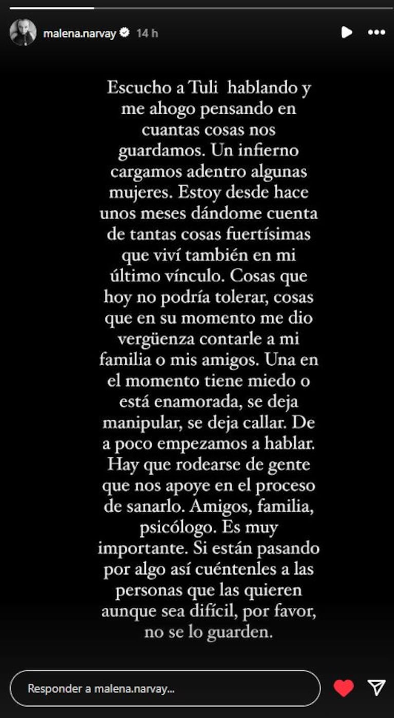 Malena Narvay rompió el silencio, a medio año de su separación: “Un infierno cargamos adentro”