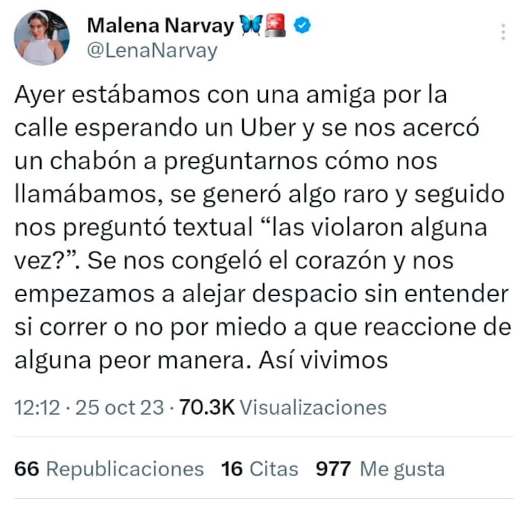 Malena Narvay vivió una alarmante situación callejera junto a una amiga: “Se nos congeló el corazón”