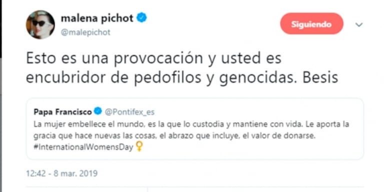 Malena Pichot, fuerte contra el papa Francisco por el Día de la Mujer: “Esto es una provocación y usted..."