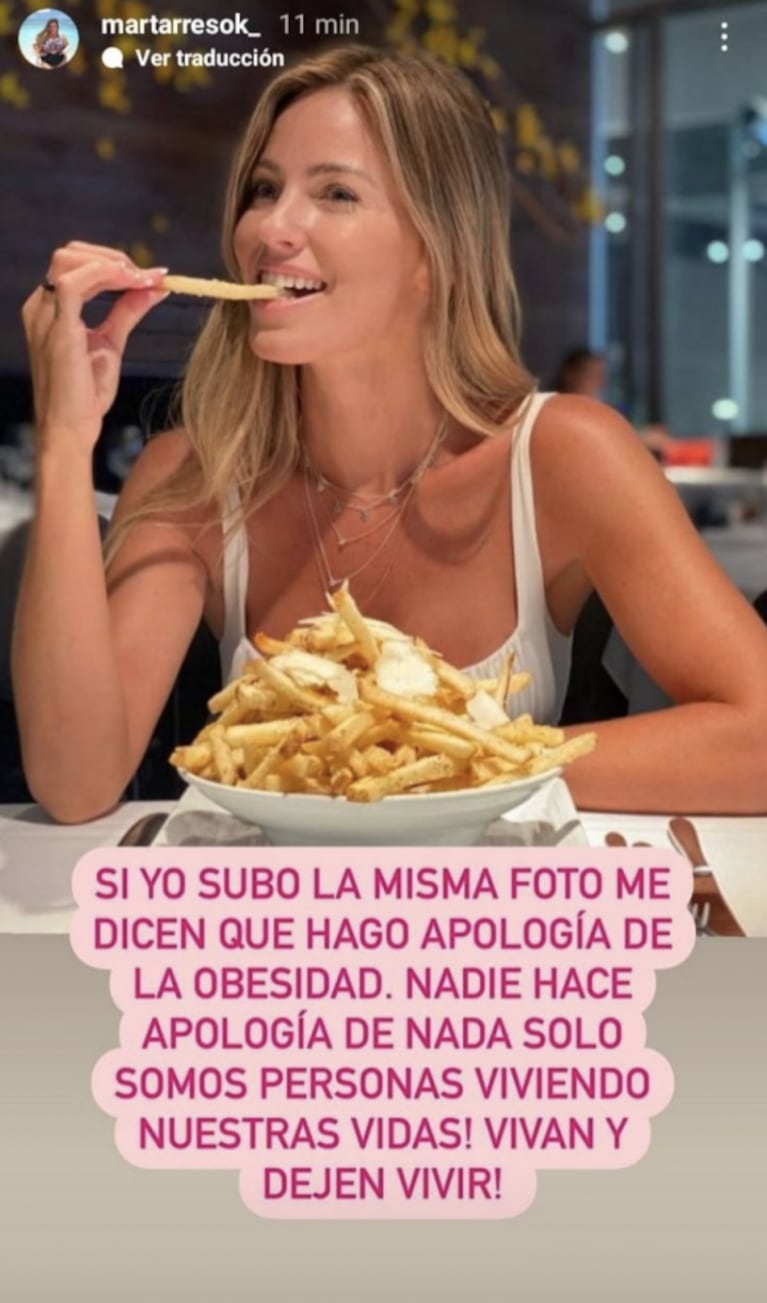 Mar Tarrés apuntó contra Rocío Guirao Díaz por un posteo comiendo papas fritas: "Si yo subo la misma imagen dirían que hago apología de la obesidad"