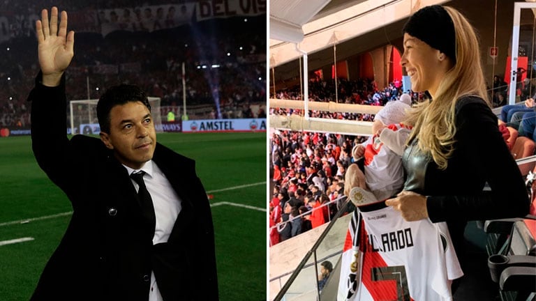 Marcelo Gallardo recibió el apoyo de su exmujer y su bebé en el Monumental. (Foto: AFP y Stories)