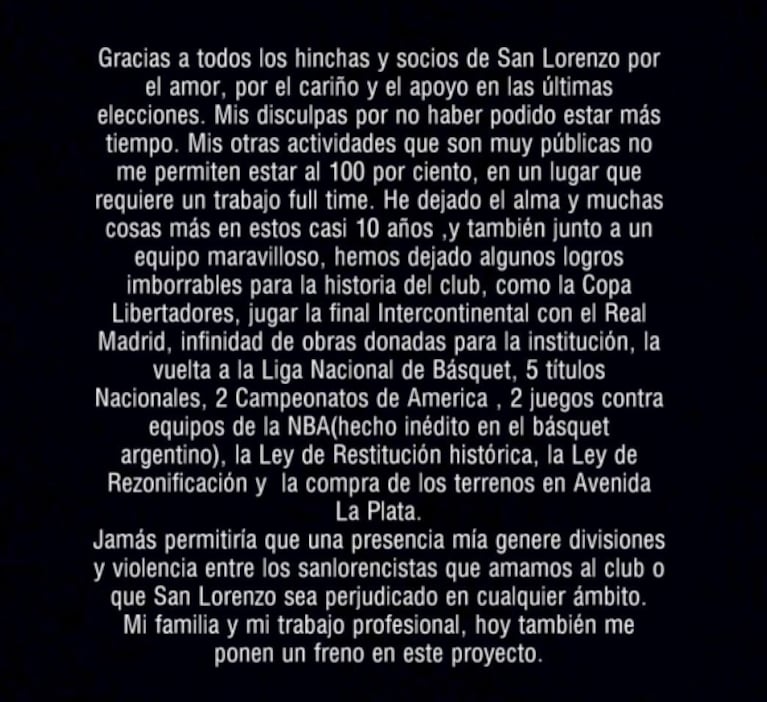 Marcelo Tinelli renunció a San Lorenzo tras casi 10 años: "Dejo mi cargo de presidente"