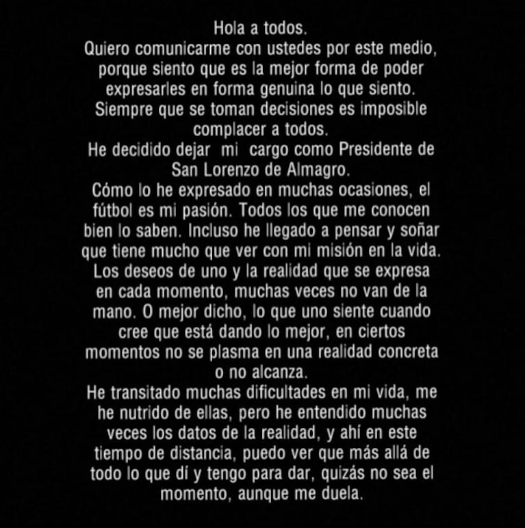 Marcelo Tinelli renunció a San Lorenzo tras casi 10 años: "Dejo mi cargo de presidente"