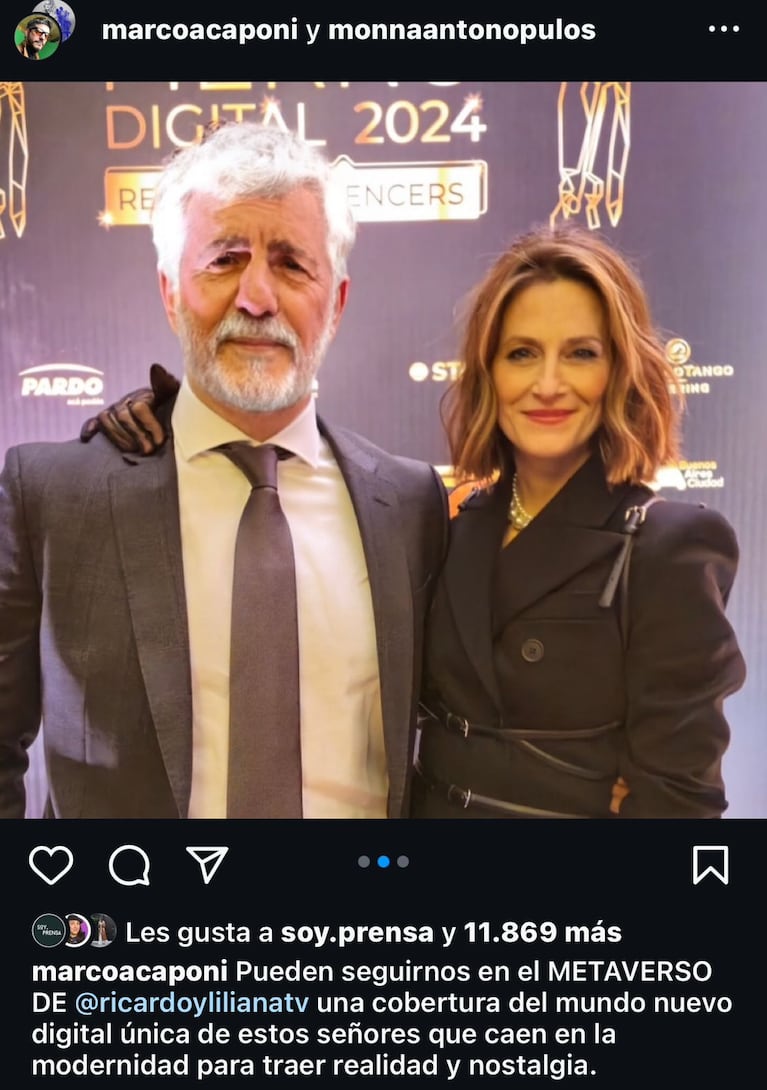 Marco Antonio Caponi y Mónica Antonópulos en la piel de sus personajes, Ricardo y Liliana (Foto: captura de Instagram).