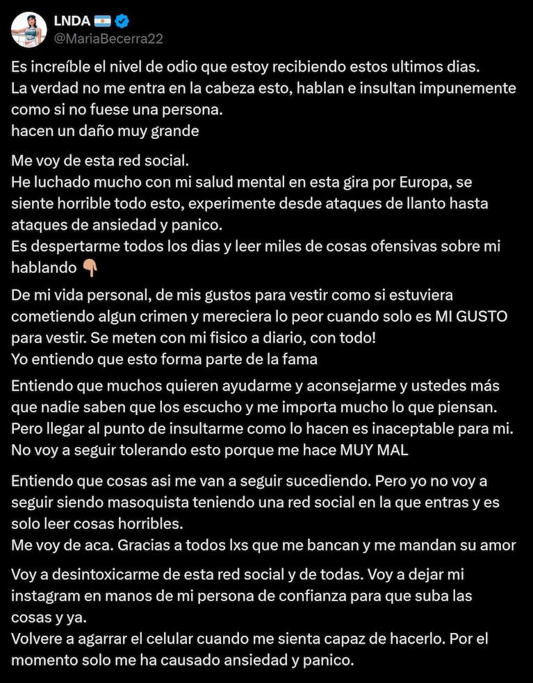 María Becerra dio a conocer la drástica decisión que tomó para cuidar su salud. (Foto: Twitter / mariabecerra22)