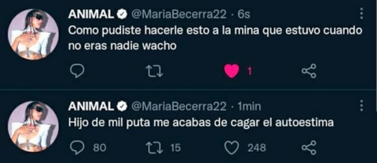 María Becerra lanzó escandalosos tweets tras dejar de seguir a su novio, Rusherking: "Gil, ¿cómo pudiste hacer esto?"