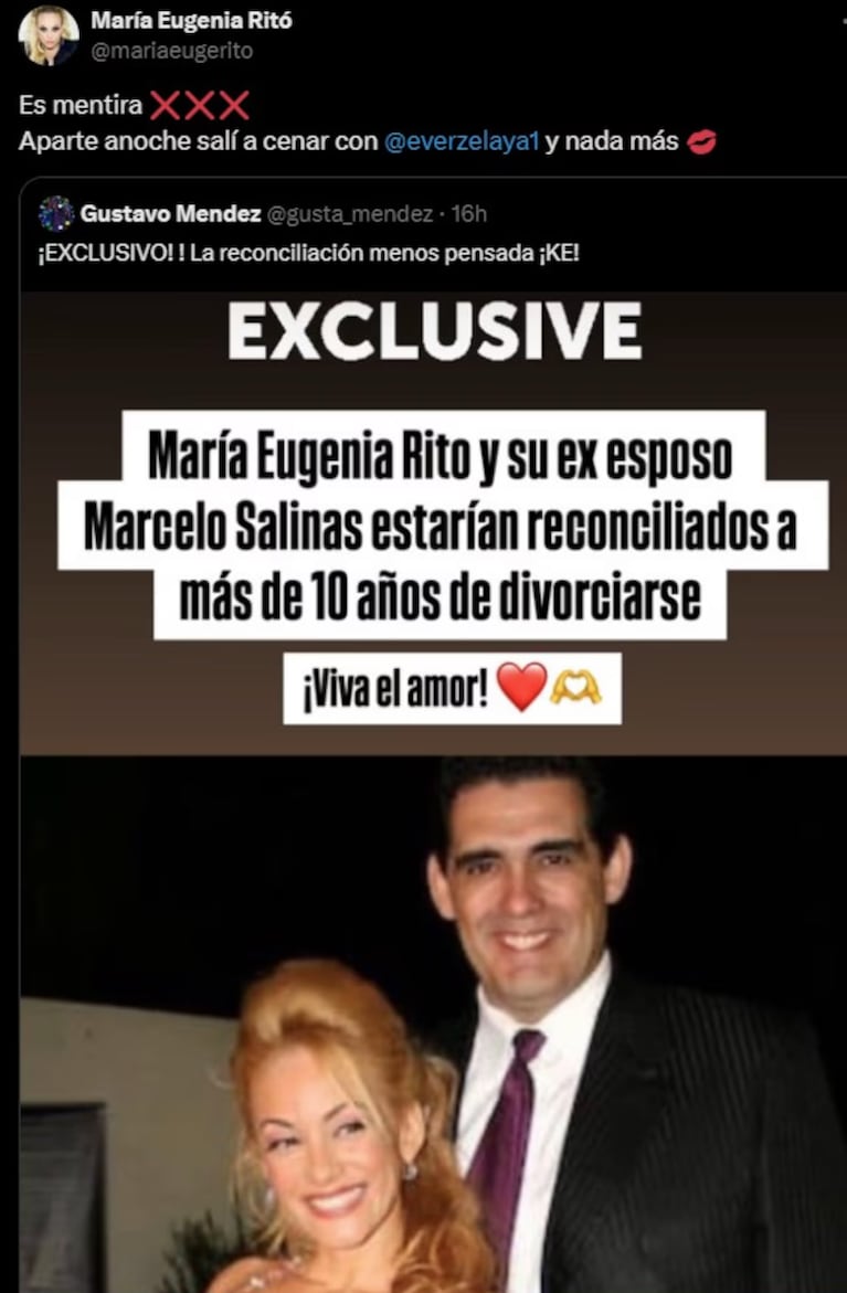 María Eugenia desmintió la reconciliación con su ex. Foto: X | mariaeugerito