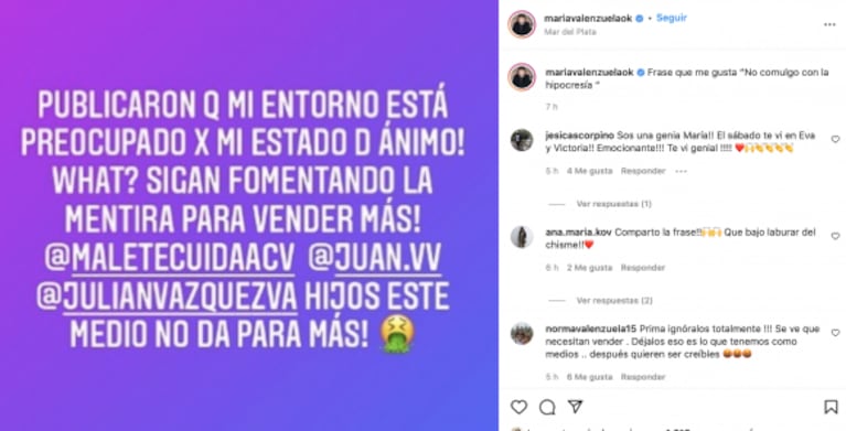 María Valenzuela desmintió con todo las versiones sobre su estado de ánimo: "Fomentando la mentira" 