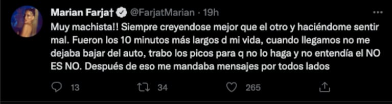 Marian Farjat apuntó contra Martín Salwe al contar un episodio que vivió con él en un auto: "No me dejaba bajar"