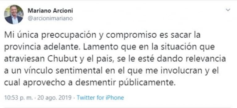 Mariano Arcioni, gobernador de Chubut, negó tener un romance con Luciana Salazar