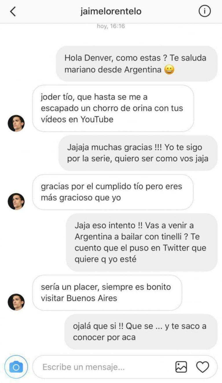 Mariano de la Canal mostró un supuesto chat con Jaime Lorente López, actor de La Casa de papel, ¡y el español lo negó!