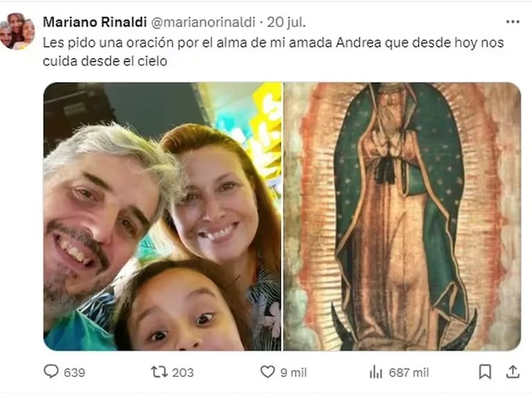 Mariano Rinaldi comunicó la muerte de Andrea el pasado 20 de julio.