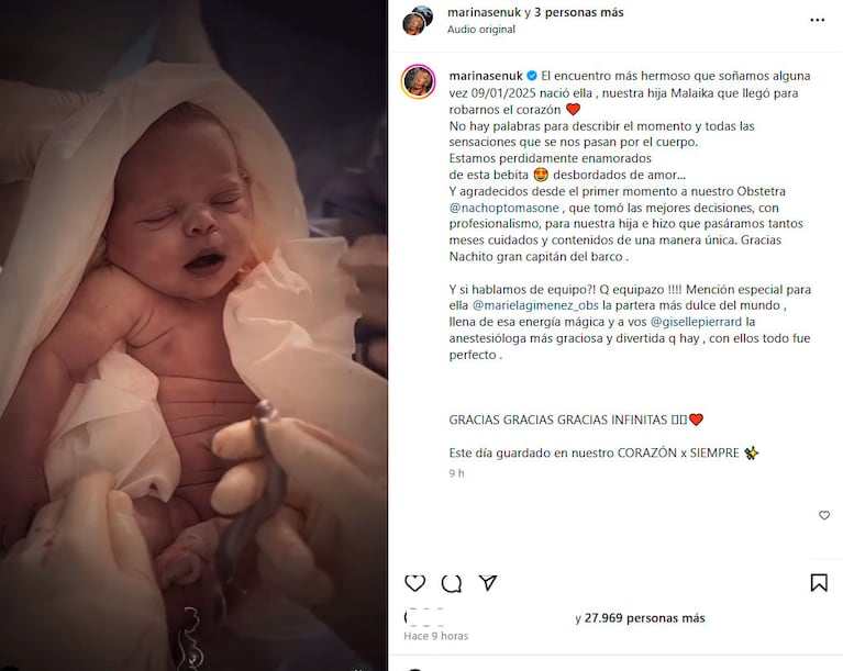 Marina Señuk fue mamá: el conmovedor video del parto y las primeras imágenes de Malaika