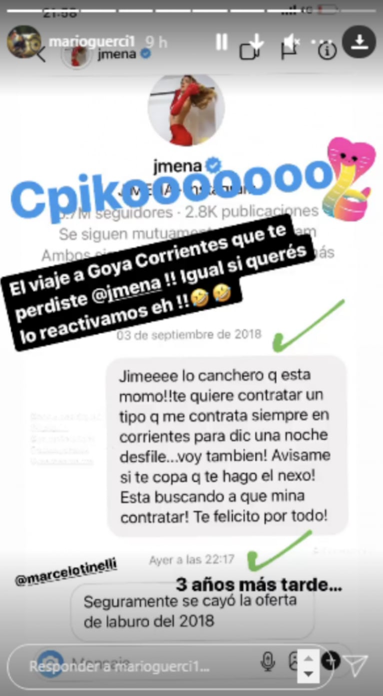 Mario Guerci mostró el mensaje que le había enviado a Jimena Barón en 2018 y ella le clavó el visto: "Si querés lo reactivamos"