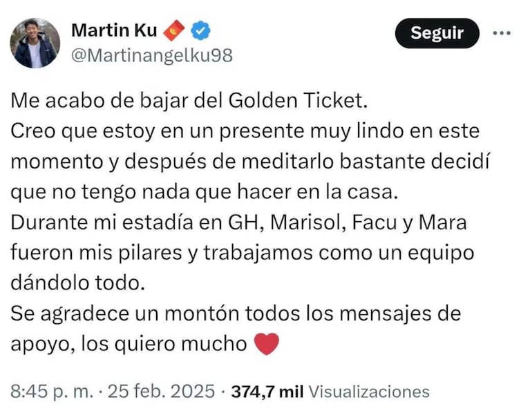 Martín rechazó el Golden Ticket. Foto: X | martinangelku98