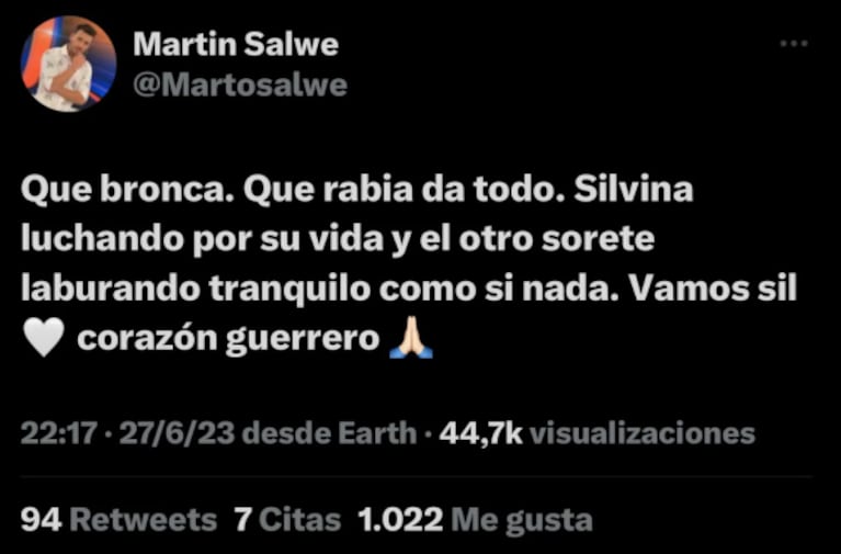 Martín Salwe le dedicó un conmovedor mensaje de apoyo a Silvina Luna tras su internación